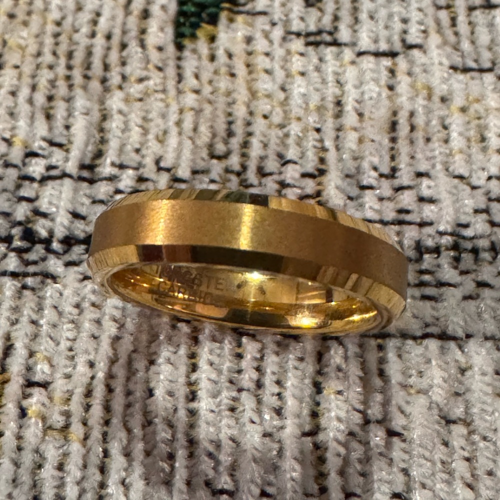 Gold Plated Brushed Finish Tungsten Carbide Wedding Ring & Beveled Edge